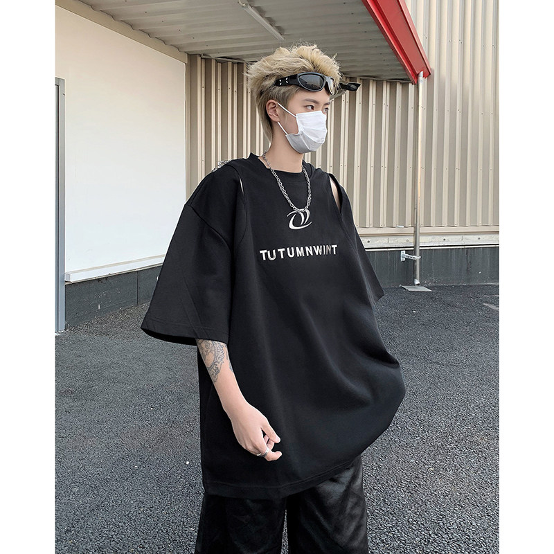 现货！25夏季男士设计感镂空飞机扣金属装饰短袖T恤DX91-P68,男装T恤,电商B288
