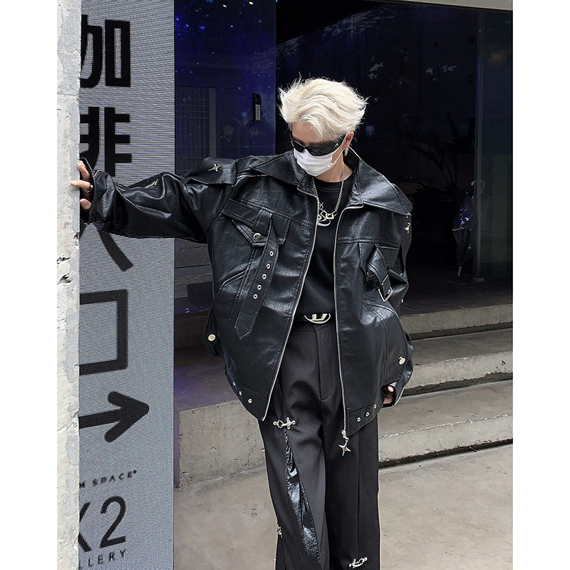 23秋冬仿皮皮衣金属拉链解构扣袢机车骑行夹克JK14-P168现货,男装夹克,电商B288