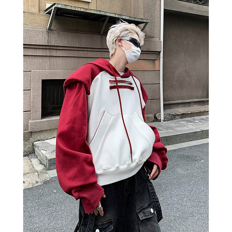 23秋撞色垫肩卫衣ins风短款套头连帽上衣男mj908-p88现货，男装卫衣，电商B288