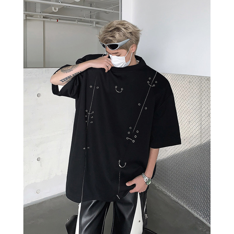 现货！25夏季男士金属垫肩设计感气眼铆钉T恤短袖DX81-P78,男装T恤,电商B288