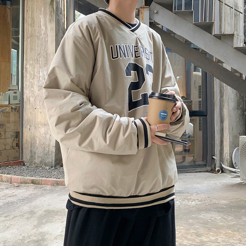秋冬复古美式棒球风棉服宽松套头潮流港风加棉加厚卫衣mj354-p75,男装棉衣,电商B288