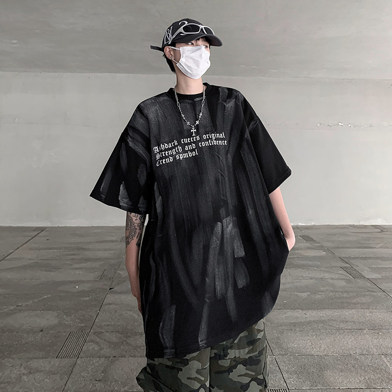 280g潮手绘笔刷涂鸦夏季T恤宽松圆领战损风粗粝感短袖DX48-P45,男装T恤,电商B288