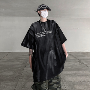 280g潮手绘笔刷涂鸦夏季T恤宽松圆领战损风粗粝感短袖DX48-P45图片