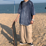 22夏款情侣港风宽松纹理丝绒光滑冰丝短袖网红T恤tx07-p30，男装T恤，电商B288