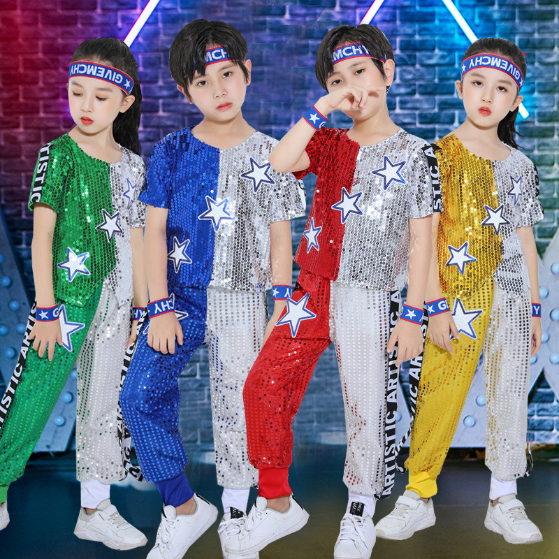 儿童演出服嘻哈街舞套装现代爵士舞男女啦啦队操舞蹈拼色服装潮牌