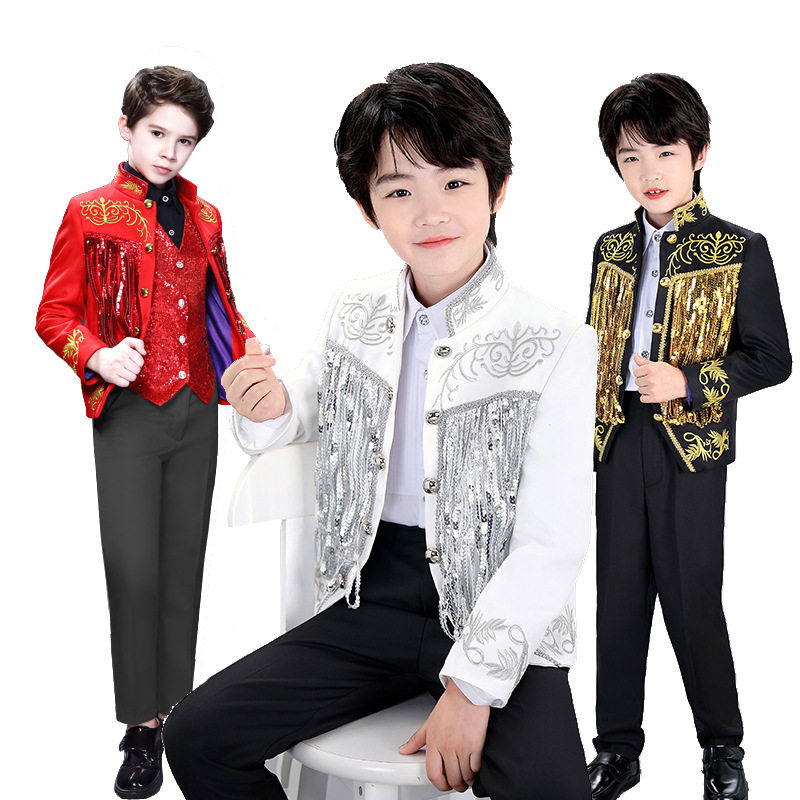 男童潮款亮片流苏刺绣儿童演出服钢琴表演酷王子舞台走秀礼服外套