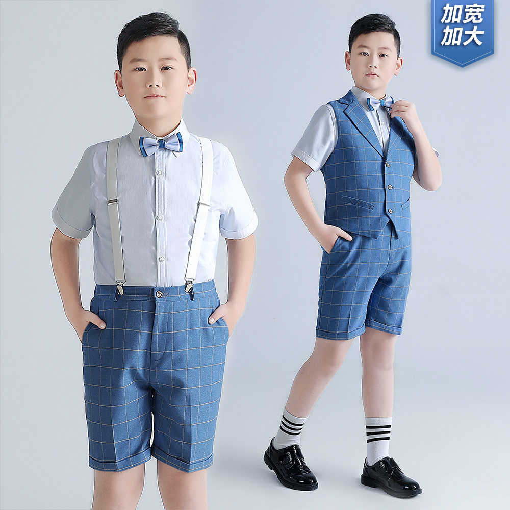 男童礼服夏季新款加肥加大短袖背带裤套装胖版中大童演出衣服代发