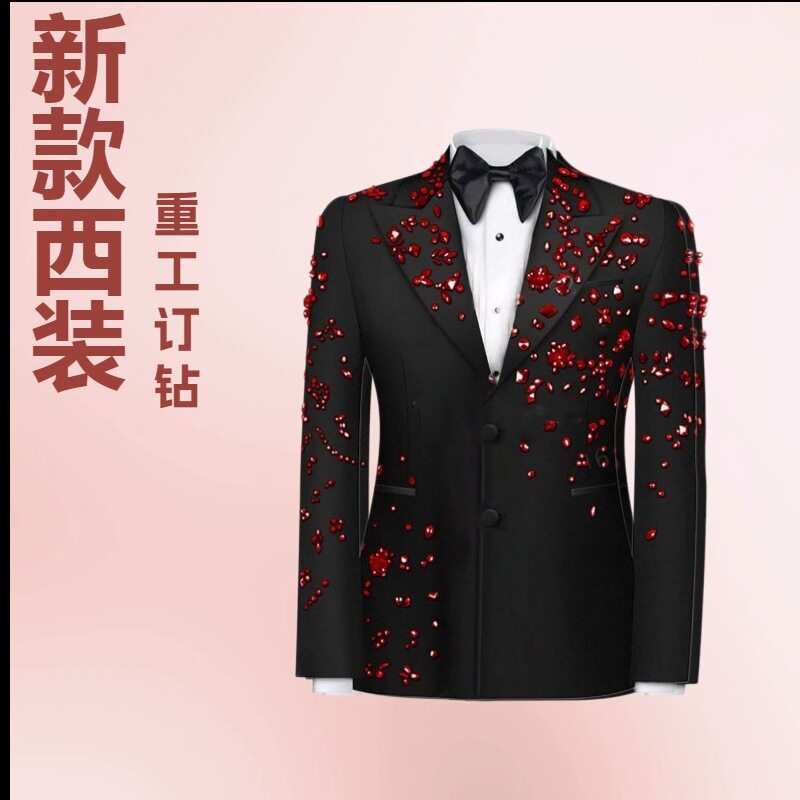 20256款男士烫钻西装套装跨境修身伴郎礼服演出主持舞台西服