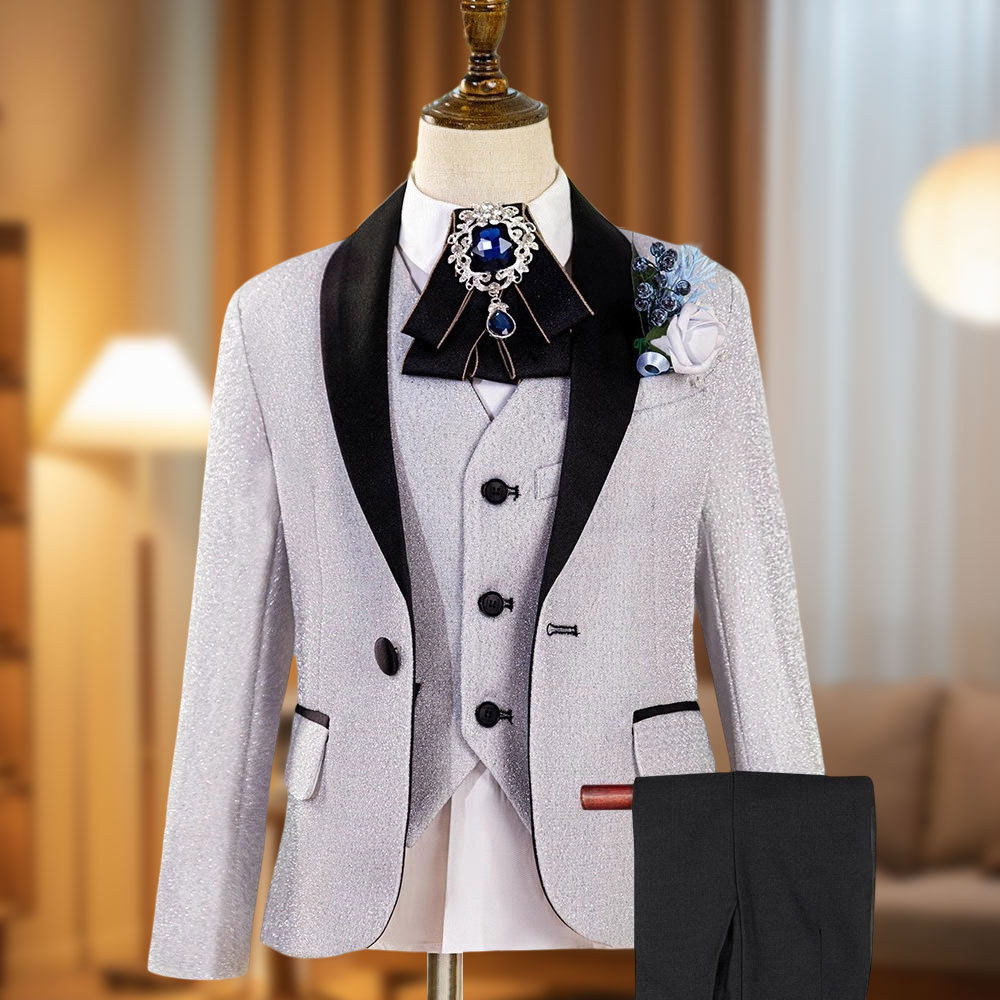 跨境儿童礼服主持人西服套装银色亮片舞台钢琴演出宴会婚礼花童服