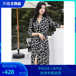 PG DVF裹身裙2023秋季新款黑底白花轻熟风气质绑带裹身裙连衣裙女