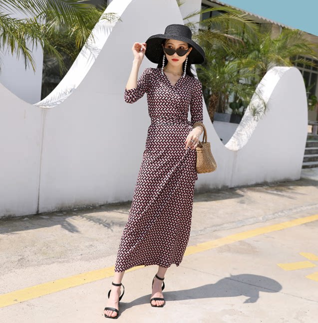 PG DVF秋新款红色锁链印花裹身裙长款翻领短款无领七分袖绑带开叉