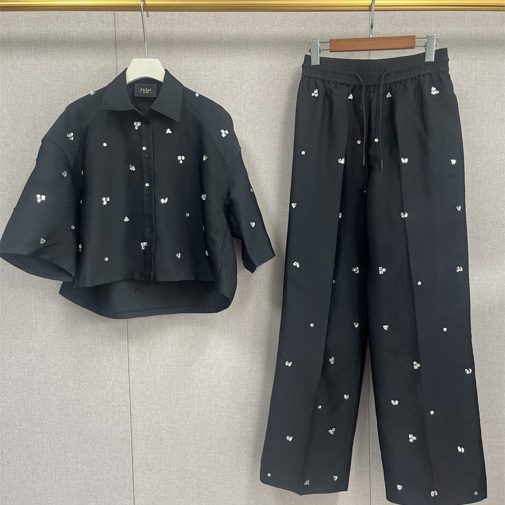 法式小众2023早秋新款女装时尚廓形手工订钻短袖衬衫系带直筒长裤