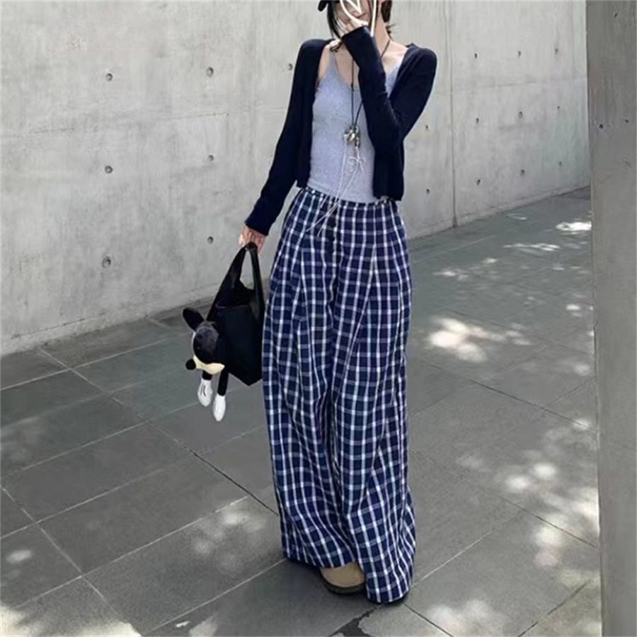 露思明星同款休闲高腰格子裤宽松慵懒风小个子直筒阔腿裤长裤女