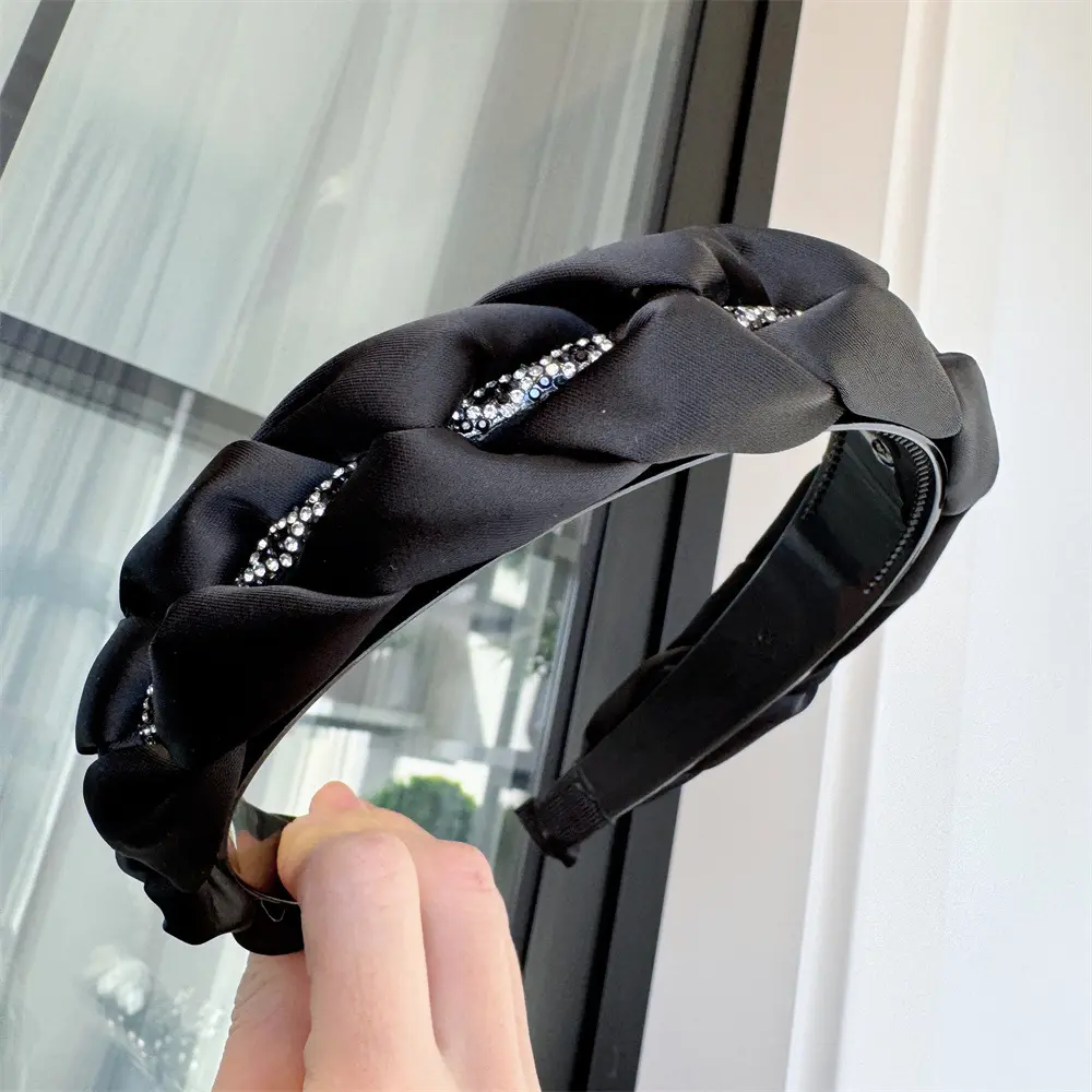 B286缎面褶皱高颅顶发箍水晶菱形纹防滑带齿头箍洗脸发饰网红百搭