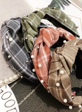 B183韩国进口简约钉珍珠格子交叉发带复古中间打结发箍头箍发饰品