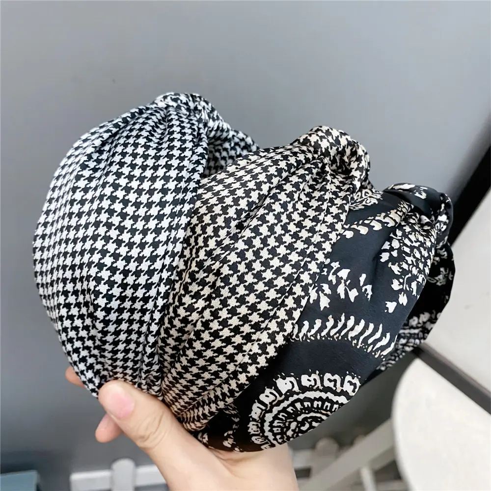 B103千鸟格打结发箍宽边个性潮酷风气质头扣缎面布料打结头箍