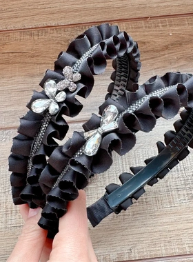 B293水晶蝴蝶结发箍女黑色荷叶边头窟百褶发箍简约百搭发饰木耳边