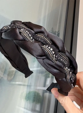 B234缎面水钻网纱韩版发箍黑色轻奢高级感头箍外出发饰压发女