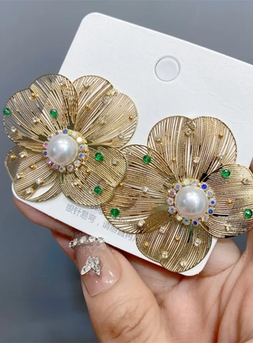 D029金属质感彩钻大花朵耳钉夸张气质外贸货源个性耳饰耳环女