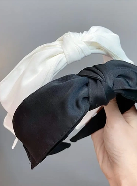 B265简约百搭纯色双层大蝴蝶结发箍宽边甜美小香风黑白色韩版头箍