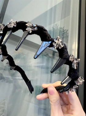 B047-1黑色丝绒带齿梳压发卡子洗脸头箍高级感水钻发箍女发饰品