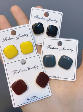 D035网红简约方形法式滴油耳钉小巧925纯银针彩色时尚耳饰女耳环