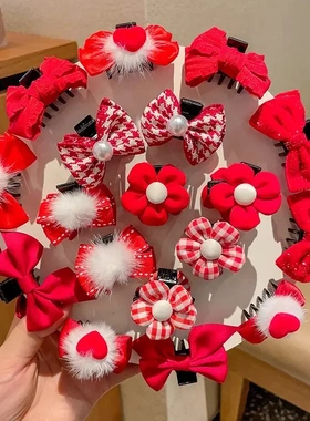 新年发饰少儿抓夹公主头女童蝴蝶结发夹过年发卡子红色头饰