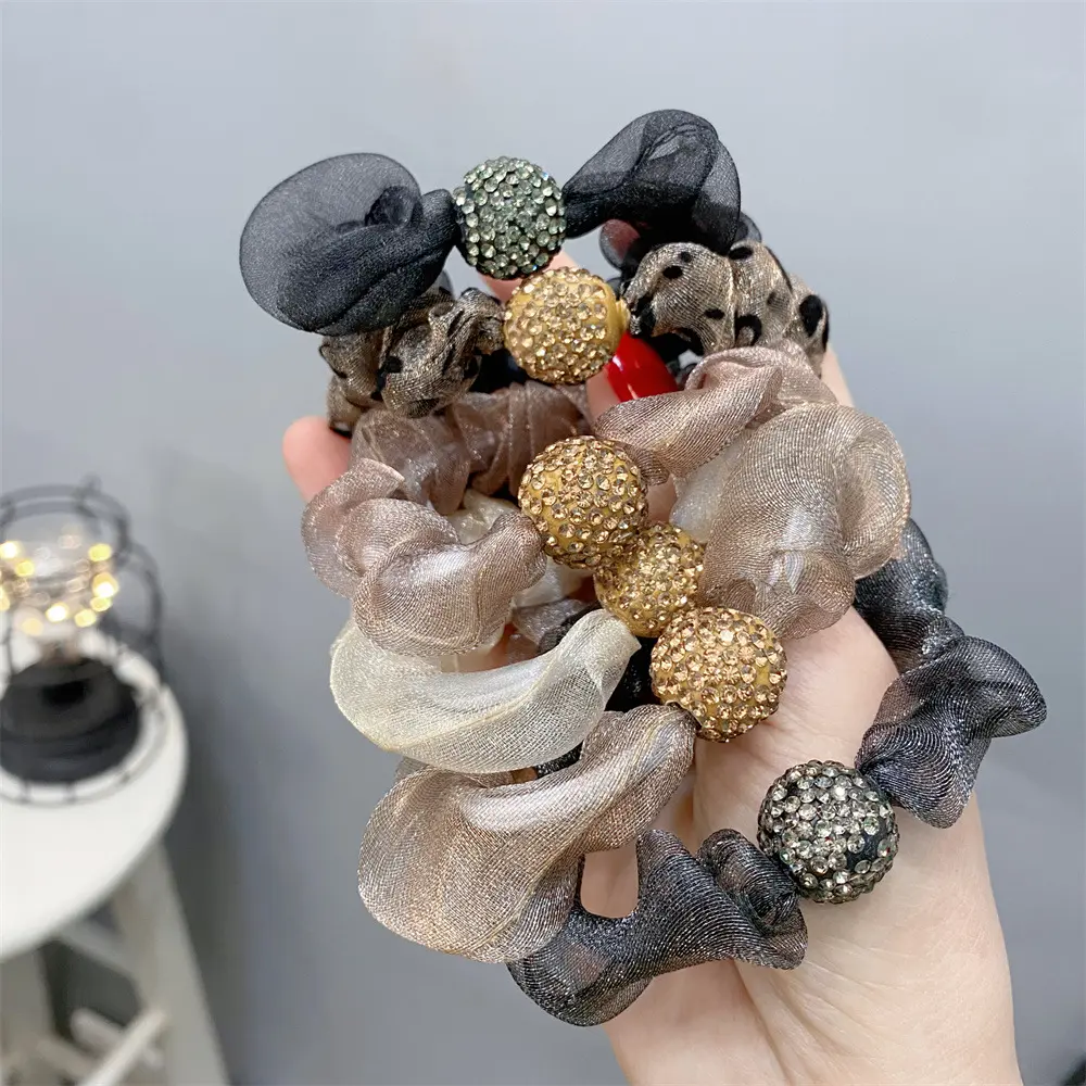 C106-1水钻发绳高弹力橡皮筋褶皱钻球扎头发纯色豹纹大肠圈女