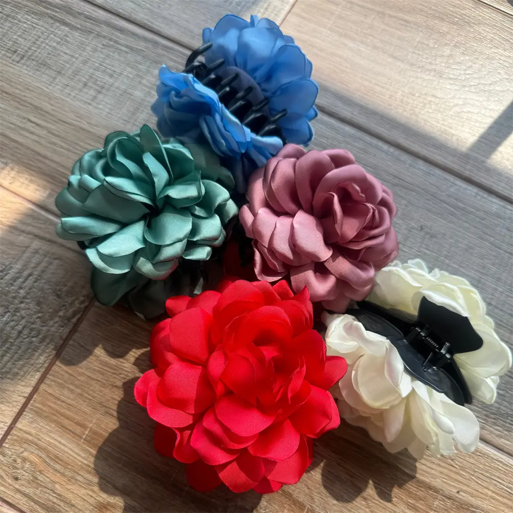 A118立体缎面玫瑰花抓夹盘发头花后脑勺鲨鱼夹法式慵懒感半扎发卡