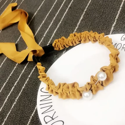 B181新款飘带发箍 复古褶皱大小珍珠甜美绑带式仙女学生发带