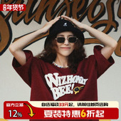 THEWIZBRAND夏季 原创HoneyBee字母印花酒红色短袖 圆领T恤男女情侣