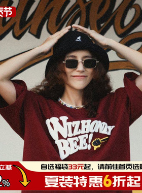THEWIZBRAND夏季原创HoneyBee字母印花酒红色短袖圆领T恤男女情侣