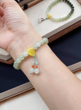 和贵工艺绿松南红蜜蜡三通青海料和田青玉渐变手串mm