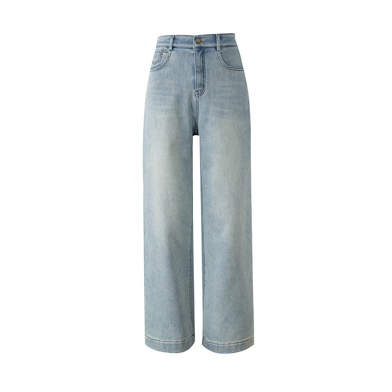 复古加绒牛仔裤女秋冬季2025年新款高腰宽松窄版浅色直筒阔腿裤子