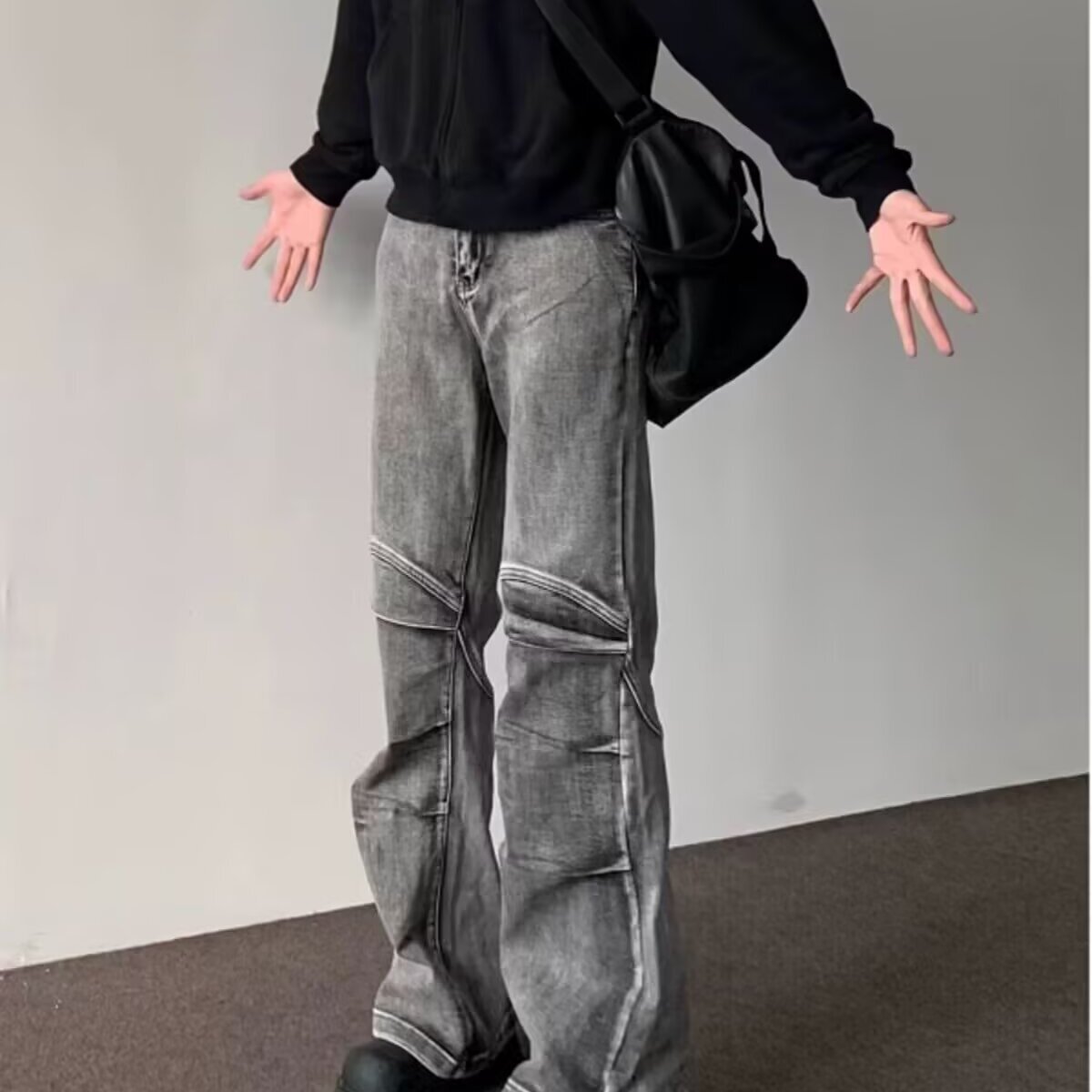 美式高街vibe复古牛仔裤男侧边拉链直筒修身微喇叭百搭潮男长裤子