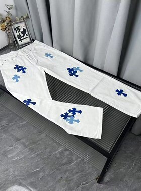 2025春秋轻奢美式高街复古水洗做旧十字架牛仔裤男女宽松直筒长裤