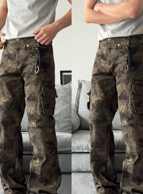 港风潮男夏季新款2025个性字母牛仔裤嘻哈ins潮高街潮流痞帅长裤