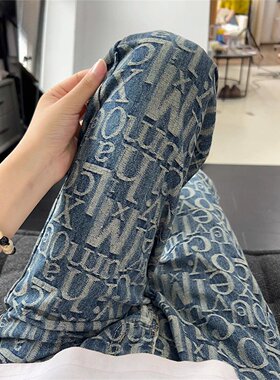 巴黎风满印字母牛仔裤男款夏季潮牌痞帅vibe裤子美式高街微喇长裤