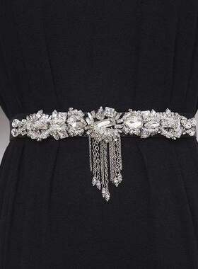 松紧腰带黑色弹力带扣重工收腰带百搭水钻流苏腰封配晚宴礼服裙子