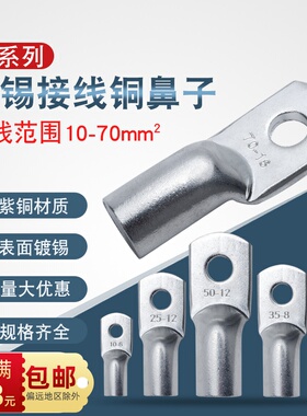 JG镀锡铜鼻子 紫铜加厚船用接线端子10 16 25 35 50 70平方铜线耳