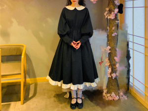 【野驴】自制昭和风古着vintage娃娃领泡泡灯笼袖复古长款连衣裙