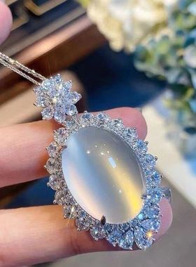 起荧光s925镀银镶嵌少女粉玉髓吊坠高冰白巴西黄玛瑙气质女项链批