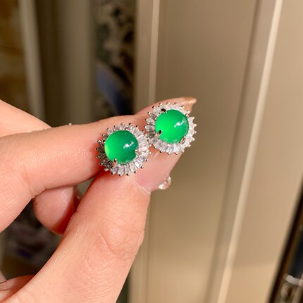 天然冰种绿玉髓耳钉镀金镶钻帝王绿玛瑙耳饰品气质轻奢珠宝女礼物