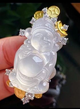 镀银隔片镶嵌白冰玉髓财神吊坠翡翠绿玛瑙男女款玉石项链挂件礼品