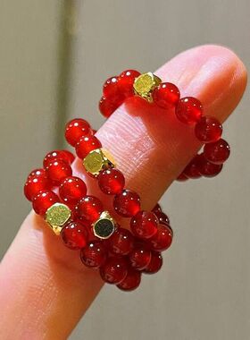 4mm7A鸽血红冰透天然红玉髓玛瑙戒指指环青金石珍珠玛瑙时尚潮流