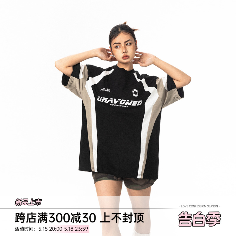 BLACKBB/美式街头复古赛车服领短袖潮女夏季宽松百搭情侣t恤上衣