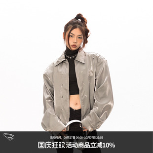 復古街頭金屬標墊肩肌理女2025春秋新款 休閑風短外套 美式 BLACKBB