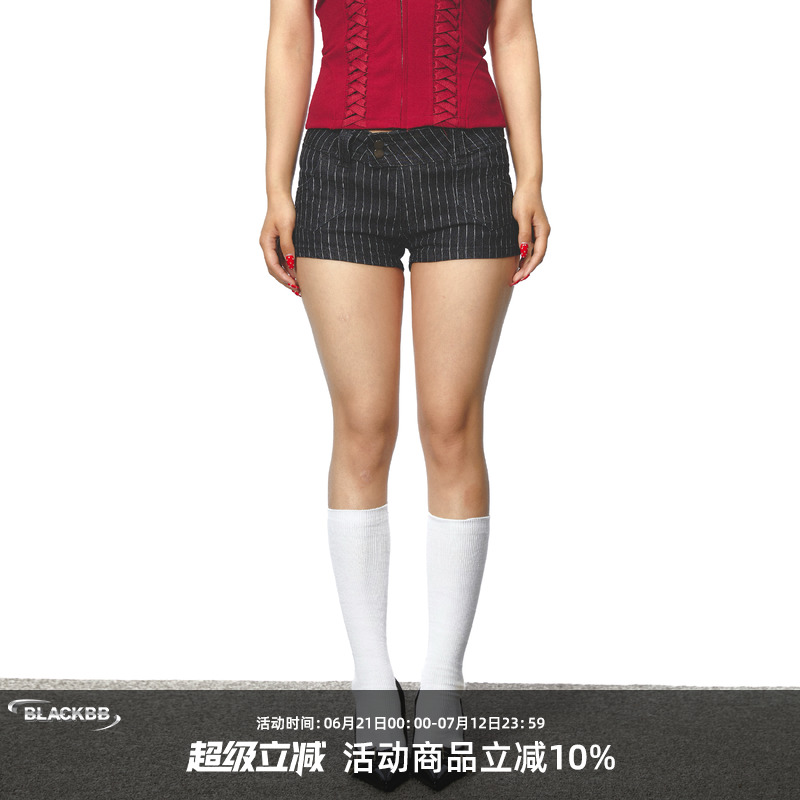 BLACKBB 竖条纹灰色牛仔短裤女夏vibe辣妹美式复古紧身超短裤热裤