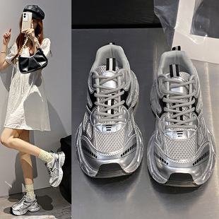 厚底老爹鞋女2025新款春夏季薄款女鞋爆款银色百搭休闲运动鞋