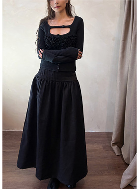 無丛 NO SERVICE 小众设计不规则压褶缎面高级黑色半裙新春